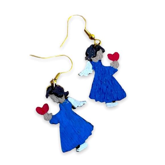 Artisan Jewelry - New Artisan Handmade Wooden Hand Painted 9k Gold Angel Dangle Earrings